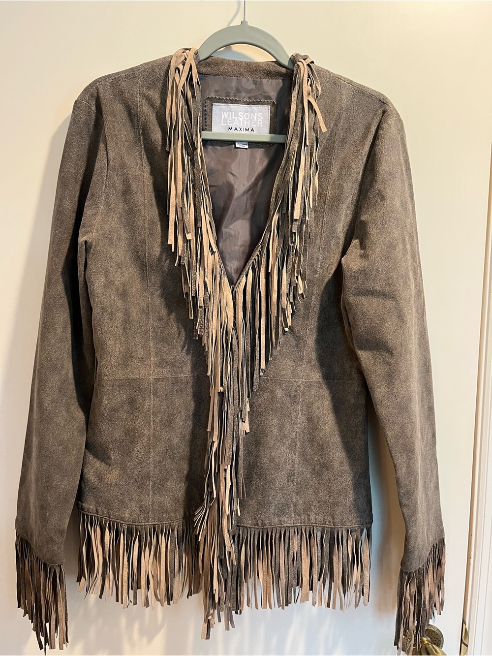 Vintage Wilsons Leather Maxima Taupe Fringe Suede Jacket Western Fitted M -notes